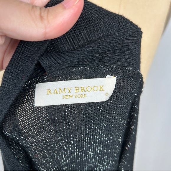 Ramy Brook New York Silver Metallic Shiny Knit Black Tie Neck Sweater - Picture 9 of 10
